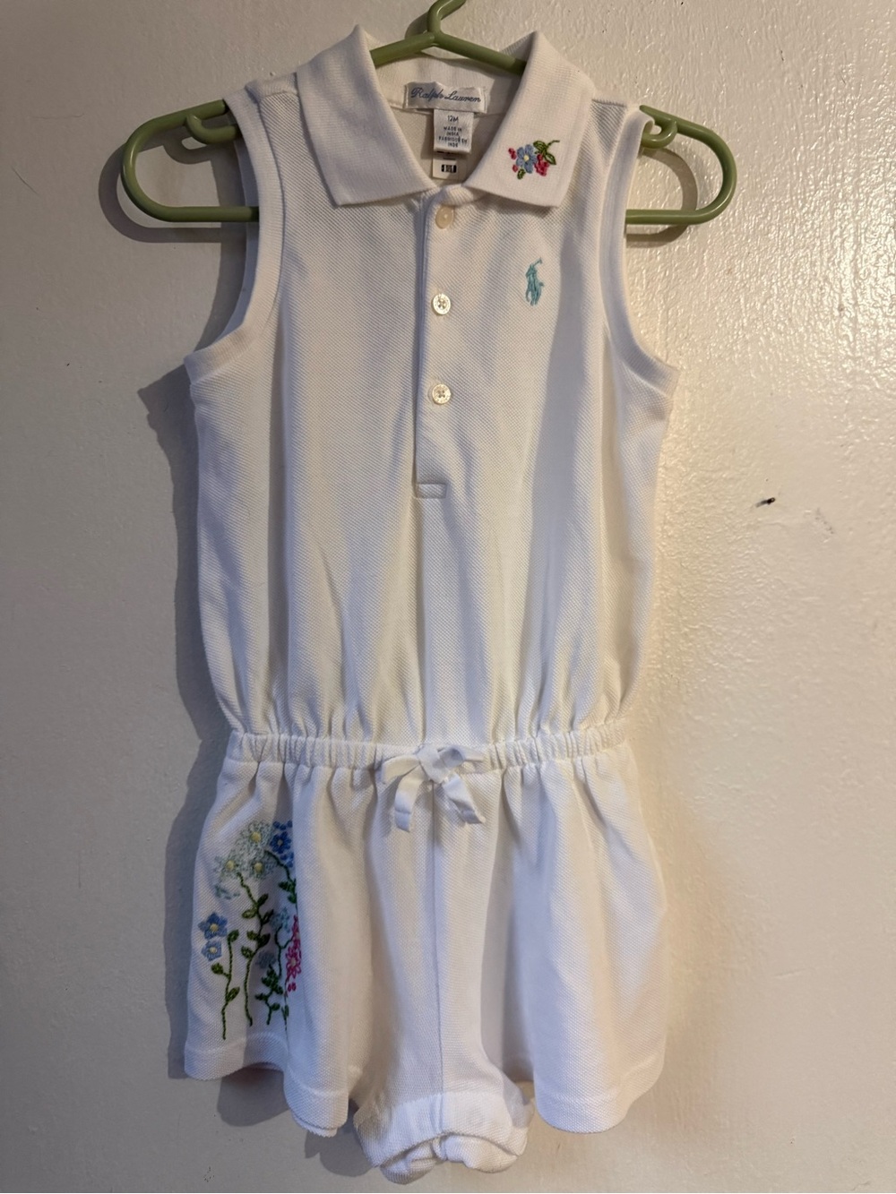 Ralph Lauren White Sleeveless Polo Romper with Multicolor Floral Embroidery